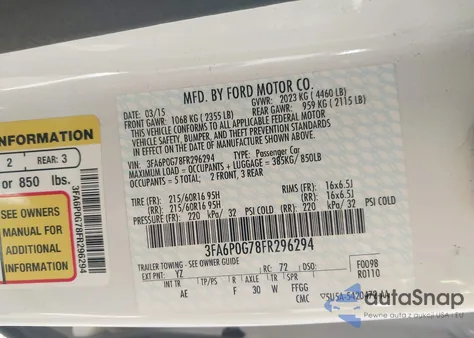 2015 Ford Fusion S from USA, damaged, VIN 3FA6P0G78FR296294